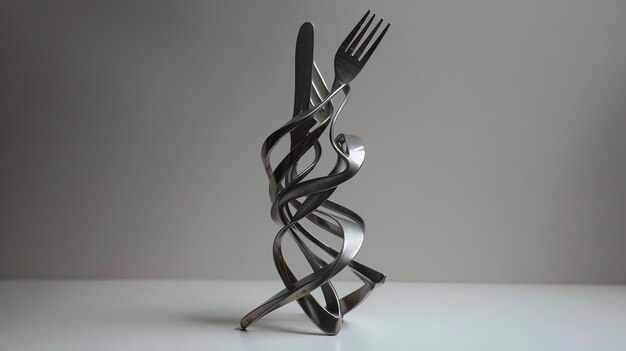 Photo abstract sculpture of twisted forks and knife on white background