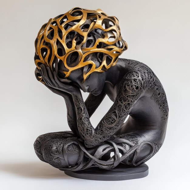 Photo abstract sculpture of a woman in a contemplative pose with a gold and black intricate design