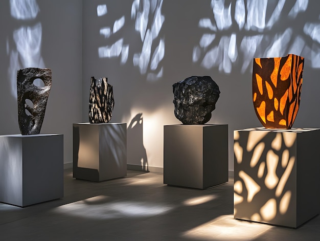 Photo abstract sculptures with intricate shadows displayed in a modern art gallery with dynamic lighting