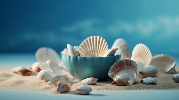 Abstract sea composition seashells and seaweed summer background Al generated