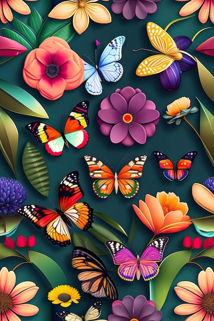 Abstract seamless pattern whit colorful butterflies and exotic flowers