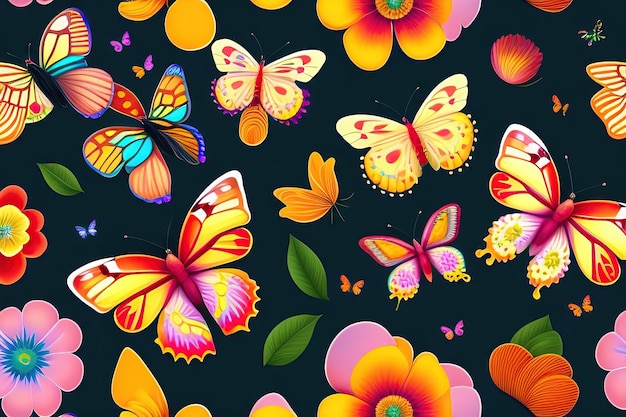 Abstract seamless pattern whit colorful butterflies and exotic flowers