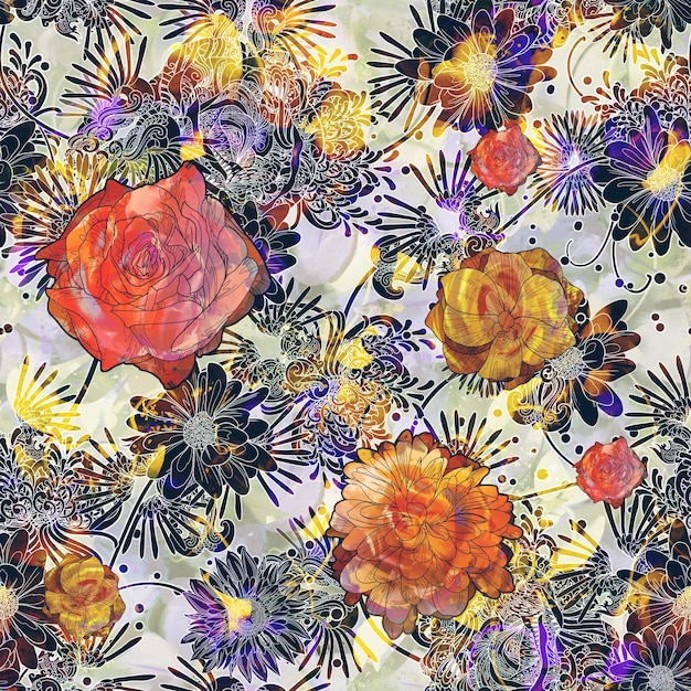 abstract seamless pattern with colorful flowers,floral illustration painting