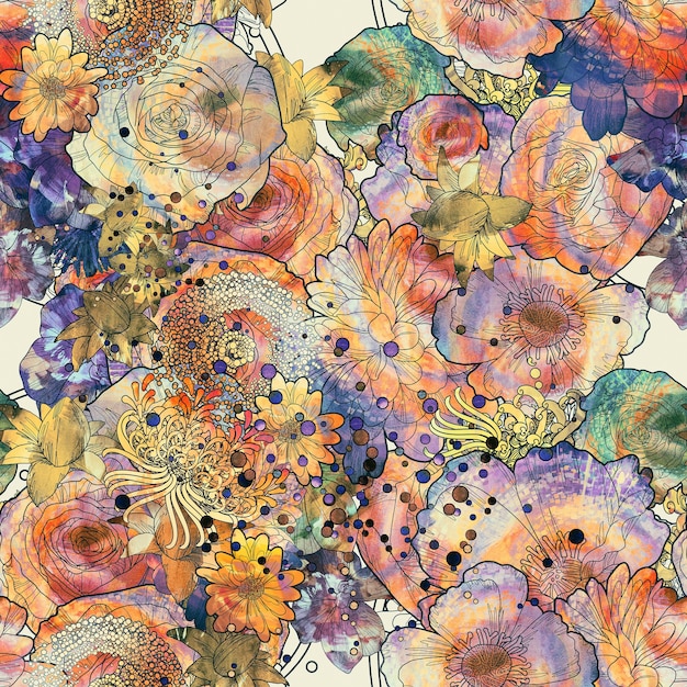 abstract seamless pattern with colorful flowers,floral illustration painting