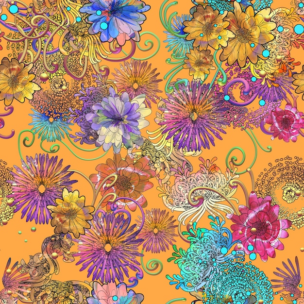 abstract seamless pattern with colorful flowers on orange background,floral illustration