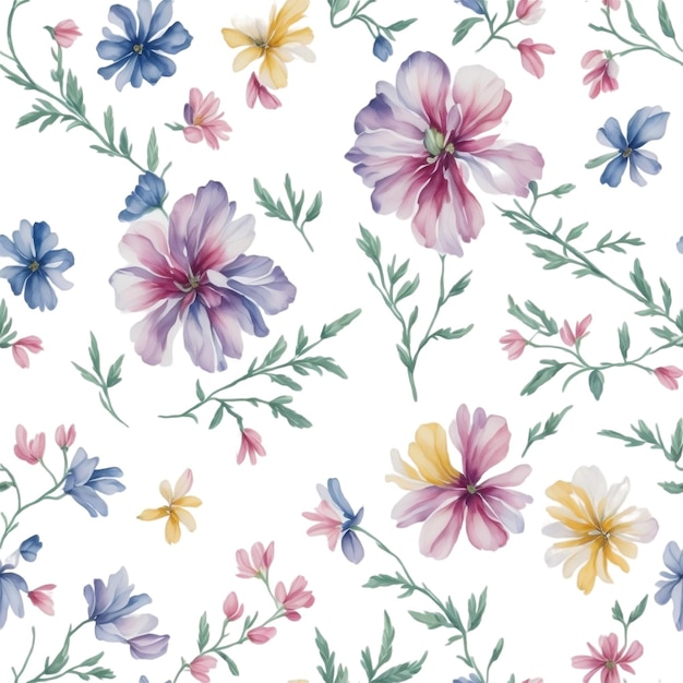 Abstract seamless watercolor background of wild flowers on white background