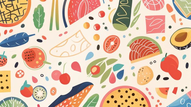 Photo abstract shapes of seder plate foods in whimsical pattern background