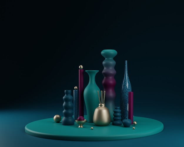 Abstract shapes and vases colorful composition. 3d illustration