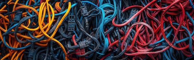 Abstract shot of computer cable management organized chaos