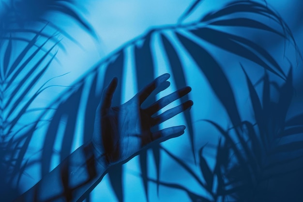 Photo abstract silhouette of hand and tropical leaves