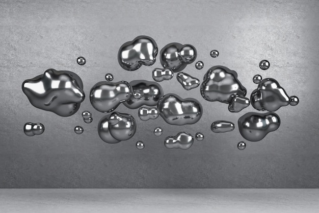 Abstract silver bubbles in concrete interior Design and exhibition concept 3D Rendering