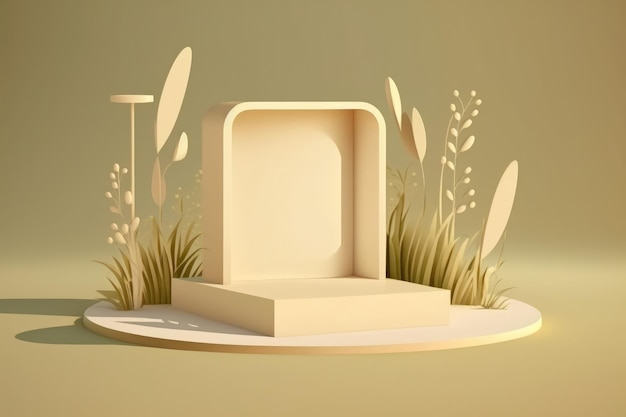 Abstract simple nature scene with a square podium and an empty stage against a beige background