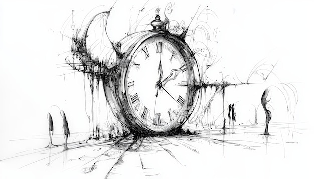 Photo abstract sketch of a clock and people on a white background