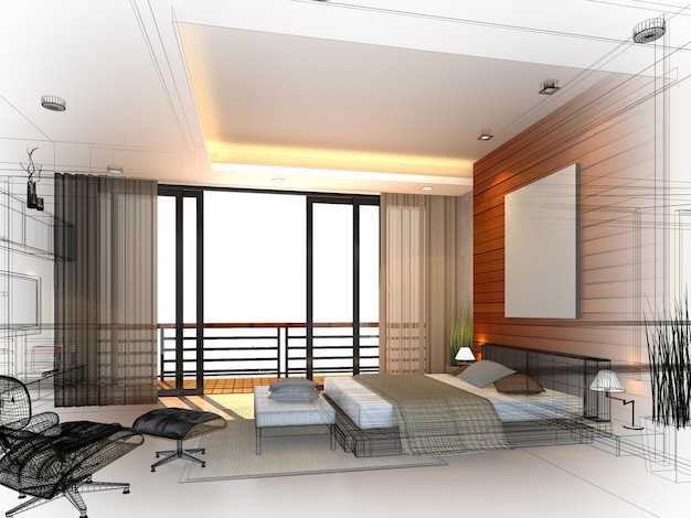 abstract sketch design of interior bedroom,3d rendering