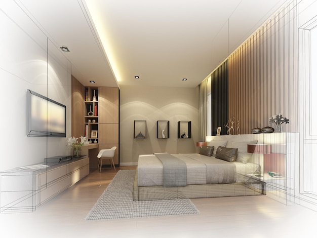 Abstract sketch design of interior bedroom3d rendering