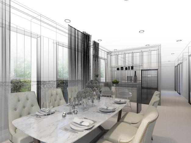 Abstract sketch design of interior dining room