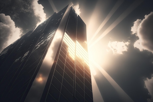 Abstract Skyscraper against a Cloudy Background with Sunlight Penetrating