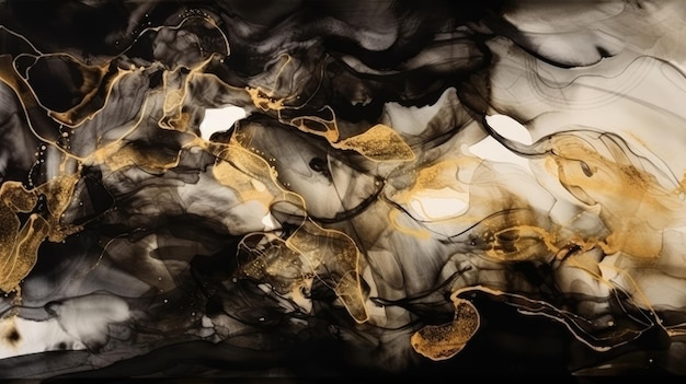 Abstract Smoke in Black and Gold Glitter on Watercolor Background