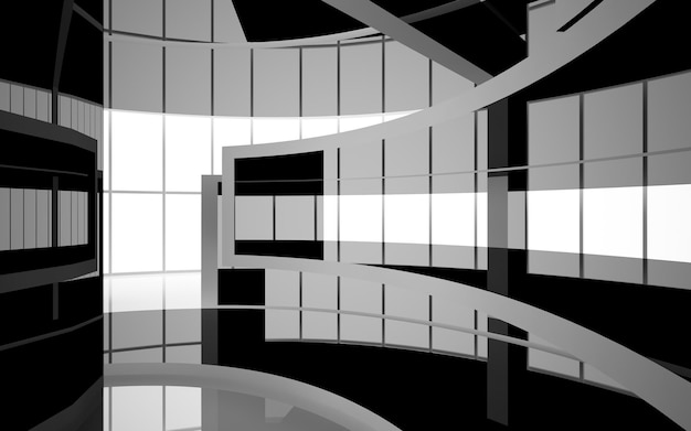 Abstract smooth architectural white and black gloss interior of a minimalist house with large window