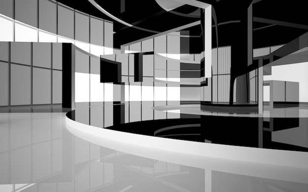 Abstract smooth architectural white and black gloss interior of a minimalist house with large window