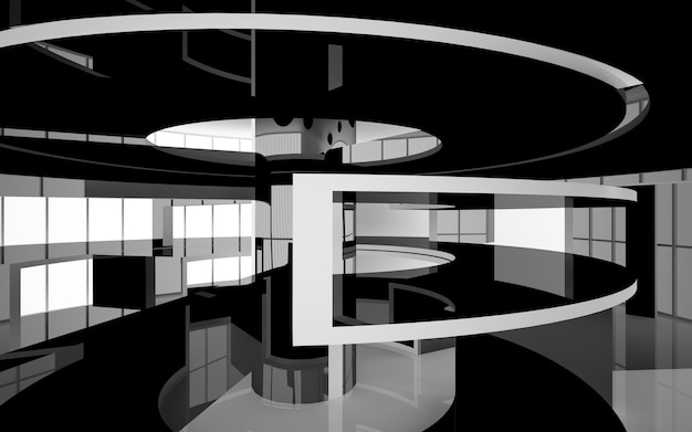 Abstract smooth architectural white and black gloss interior of a minimalist house with large window