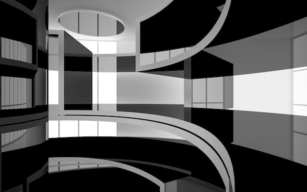 Abstract smooth architectural white and black gloss interior of a minimalist house with large window