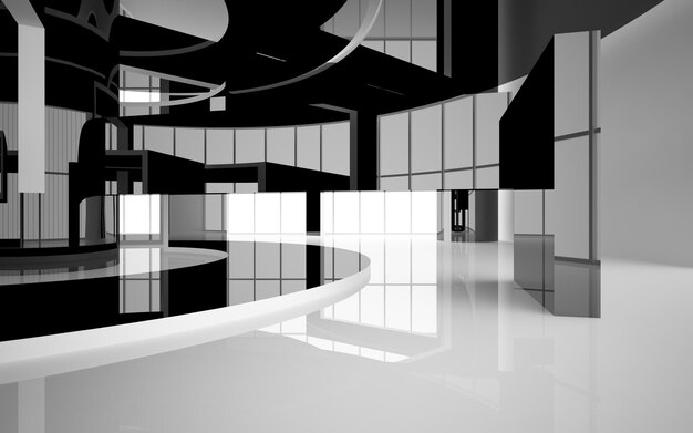 Abstract smooth architectural white and black gloss interior of a minimalist house with large window