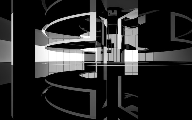 Abstract smooth architectural white and black gloss interior of a minimalist house with large window