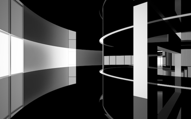 Abstract smooth architectural white and black gloss interior of a minimalist house with large window