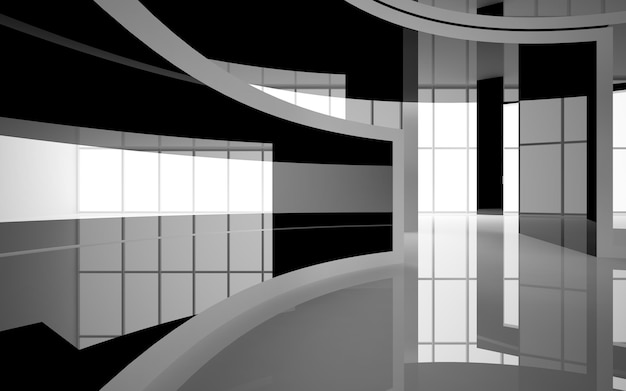 Abstract smooth architectural white and black gloss interior of a minimalist house with large window