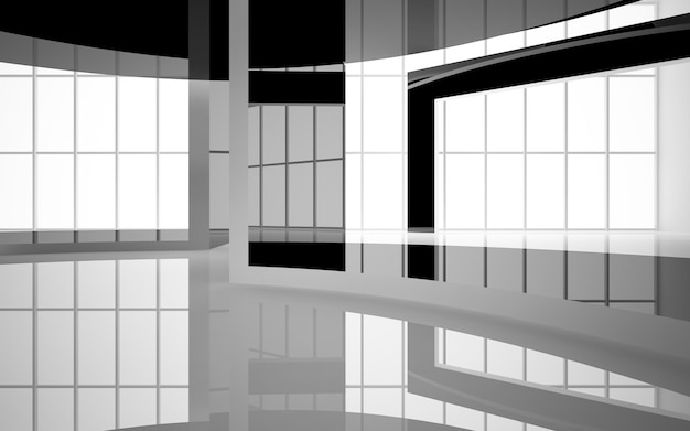 Abstract smooth architectural white and black gloss interior of a minimalist house with large window