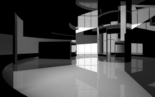 Abstract smooth architectural white and black gloss interior of a minimalist house with large window