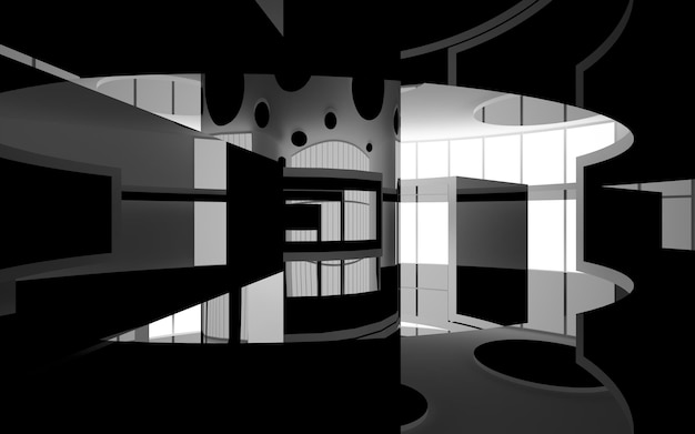 Abstract smooth architectural white and black gloss interior of a minimalist house with large window