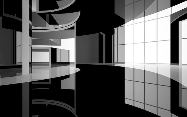 Abstract smooth architectural white and black gloss interior of a minimalist house with large window