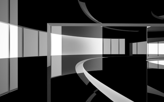 Abstract smooth architectural white and black gloss interior of a minimalist house with large window