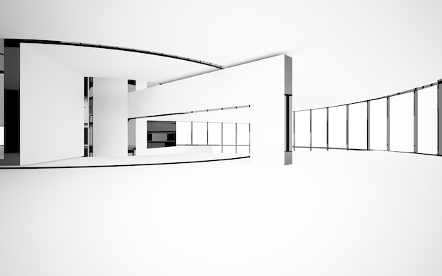 Abstract smooth architectural white and black gloss interior of a minimalist house with large window