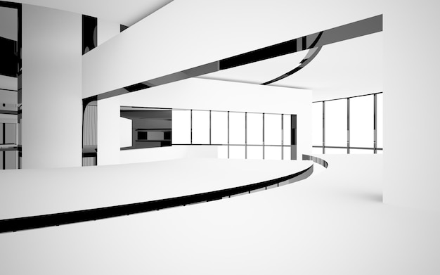 Abstract smooth architectural white and black gloss interior of a minimalist house with large window