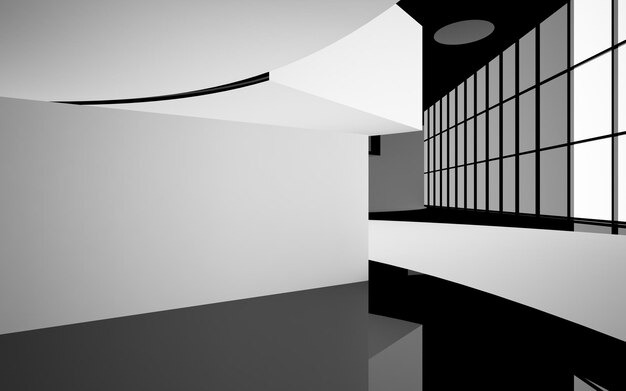 Abstract smooth architectural white and black gloss interior of a minimalist house with large window