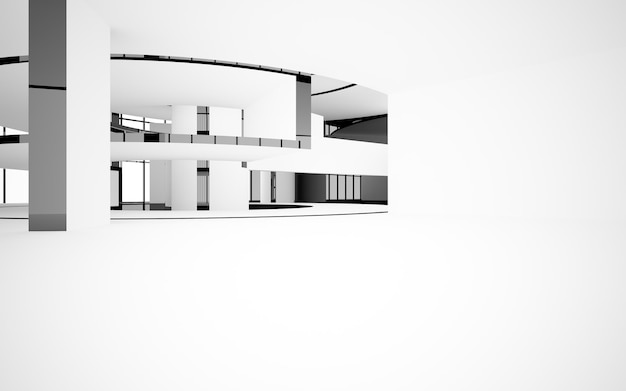 Abstract smooth architectural white and black gloss interior of a minimalist house with large window