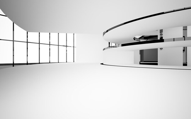 Abstract smooth architectural white and black gloss interior of a minimalist house with large window