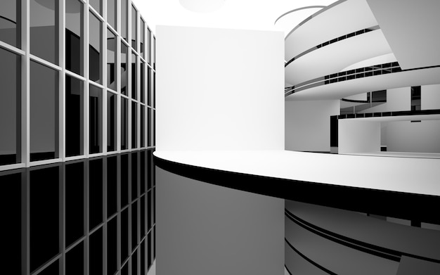 Abstract smooth architectural white and black gloss interior of a minimalist house with large window