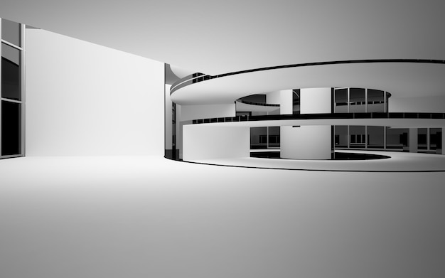 Abstract smooth architectural white and black gloss interior of a minimalist house with large window