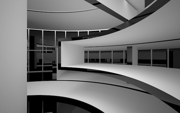 Abstract smooth architectural white and black gloss interior of a minimalist house with large window