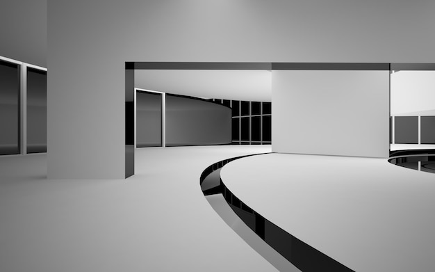 Abstract smooth architectural white and black gloss interior of a minimalist house with large window