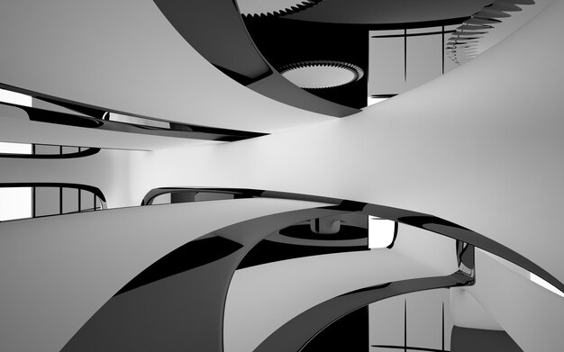 Abstract smooth architectural white and black gloss interior of a minimalist house with large window