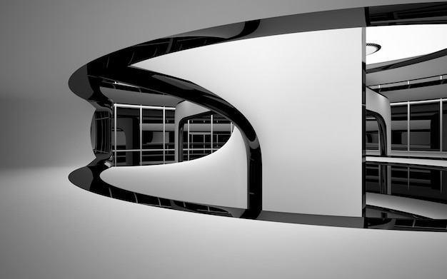 Abstract smooth architectural white and black gloss interior of a minimalist house with large window