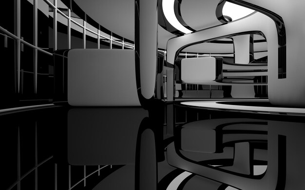 Abstract smooth architectural white and black gloss interior of a minimalist house with large window