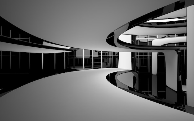 Abstract smooth architectural white and black gloss interior of a minimalist house with large window