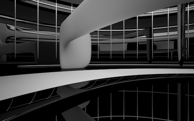 Abstract smooth architectural white and black gloss interior of a minimalist house with large window