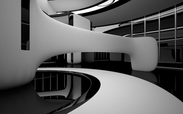 Abstract smooth architectural white and black gloss interior of a minimalist house with large window